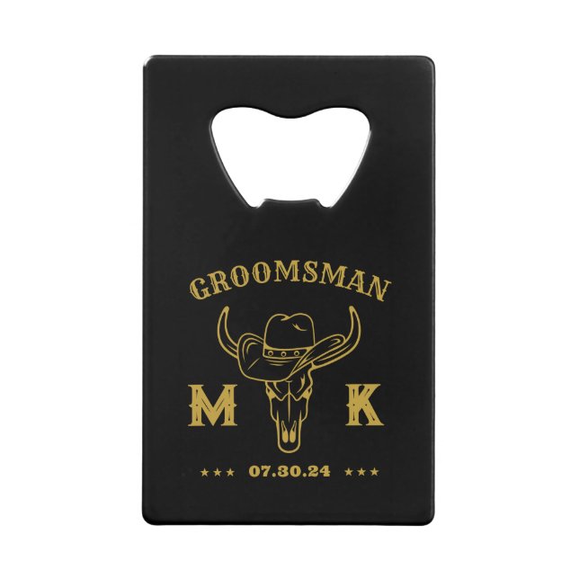 Wild West Cowboy Personalized Groomsmen Monogram Credit Card Bottle Opener (Front)