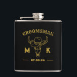 Wild West Cowboy Personalized Groomsmen Monogram Hip Flask<br><div class="desc">Personalized gifts for groomsmen with old western cowboy theme. Decorated with cowboy hat with vintage western font. Text and background colour are editable using the Design Tool to fit your occasion. Get this customize gift for wedding,  bachelor party,  engagement party or any other special occasions.</div>