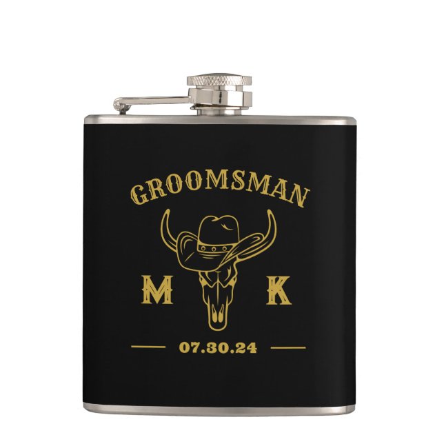 Wild West Cowboy Personalized Groomsmen Monogram Hip Flask (Front)