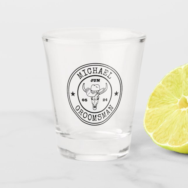 Wild West Cowboy Rustic Logo Customized Groomsmen Shot Glass (Front)