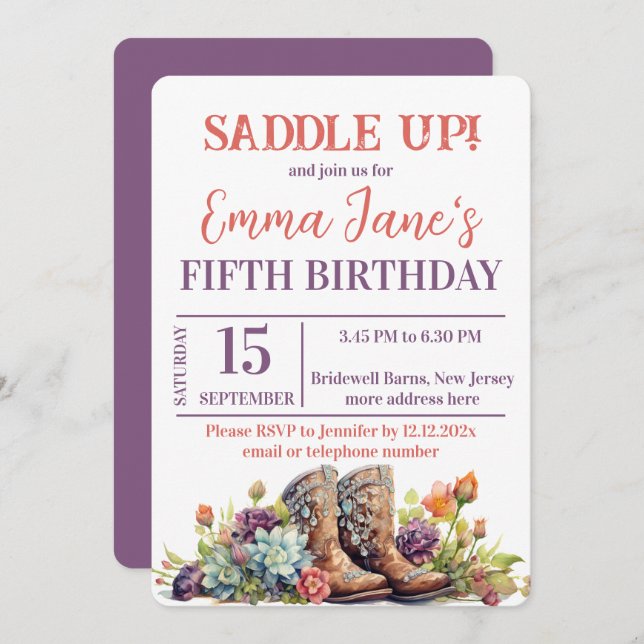 Wild West Cowgirl 5th Birthday  Invitation (Front/Back)