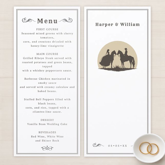 Wild west horseback cowboy wedding menu (Western cowboy horseback wedding menu.)