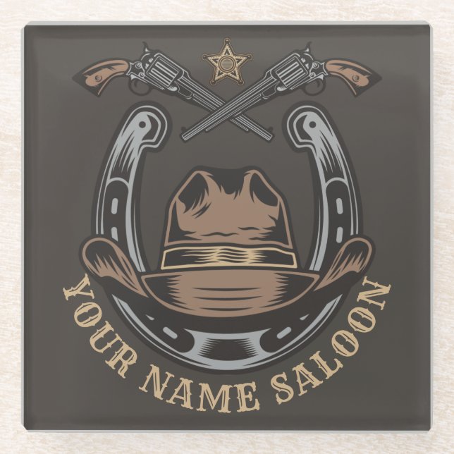 Wild West Revolver Horseshoe Western Cowboy Saloon Glass Coaster (Front)