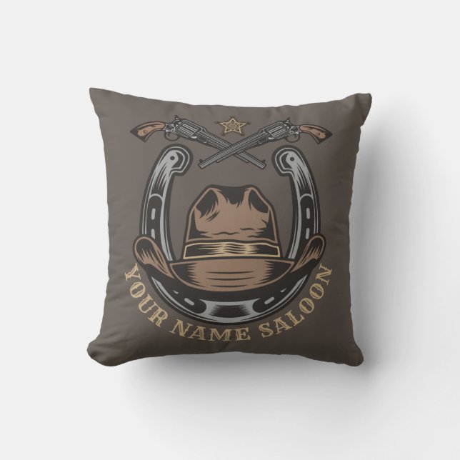 Wild West Revolver Horseshoe Western Cowboy Saloon Throw Pillow (Front)