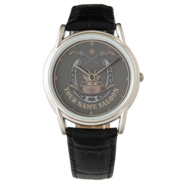 Wild West Revolver Horseshoe Western Cowboy Saloon Watch (Front)