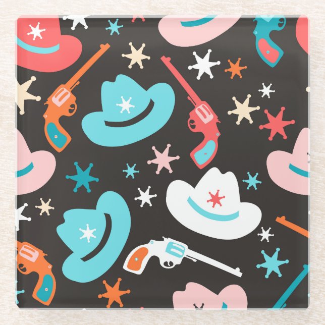 Wild West, Revolvers Cowboy Pattern. Glass Coaster (Front)