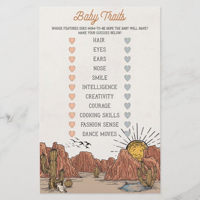 Wild West Rodeo baby traits baby shower game (Front)