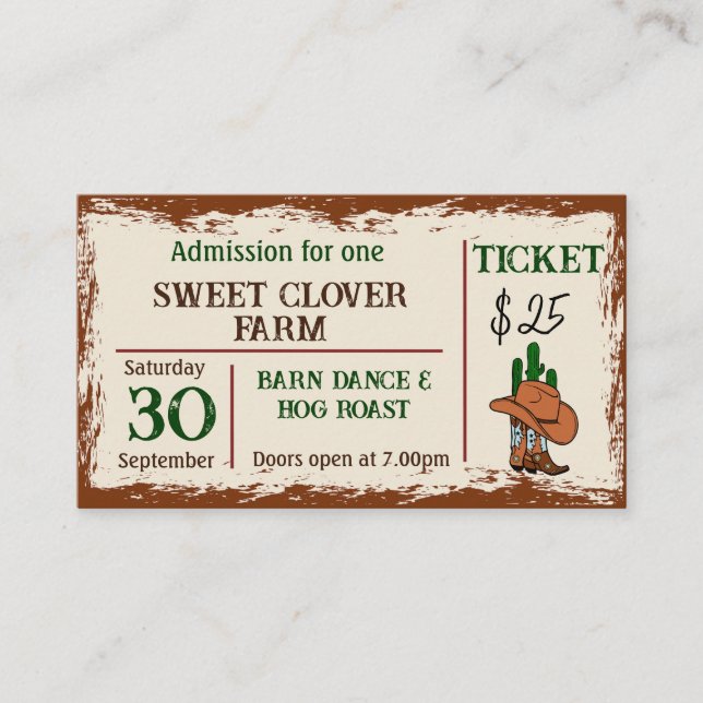 Wild West Rustic Cowboy Western Party Ticket Enclosure Card (Front)