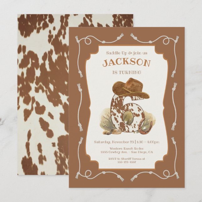 Wild West Western Cowboy 6th Birthday Party Invitation (Front/Back)