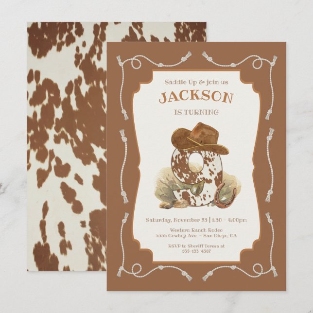 Wild West Western Cowboy 9th Birthday Party Invitation (Front/Back)