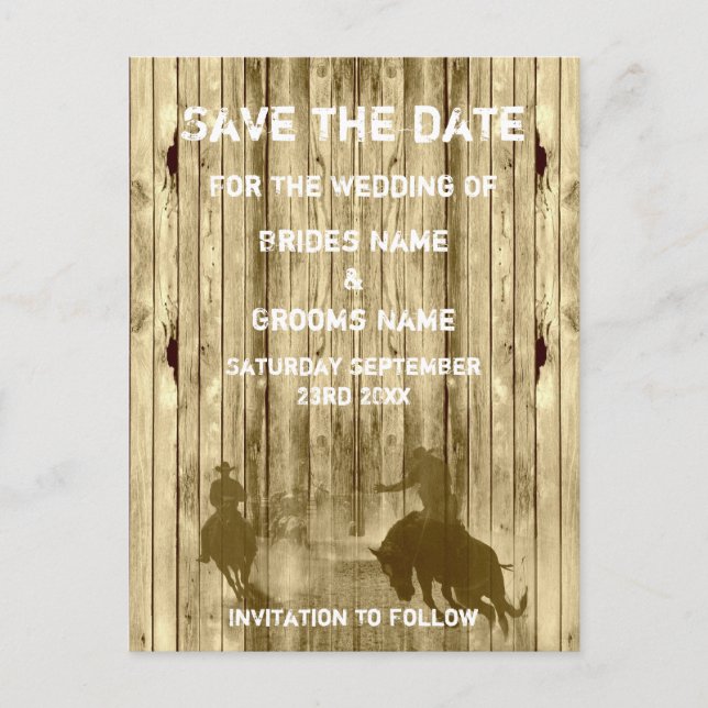 Wild west western ranch theme save the date announcement postcard (Front)