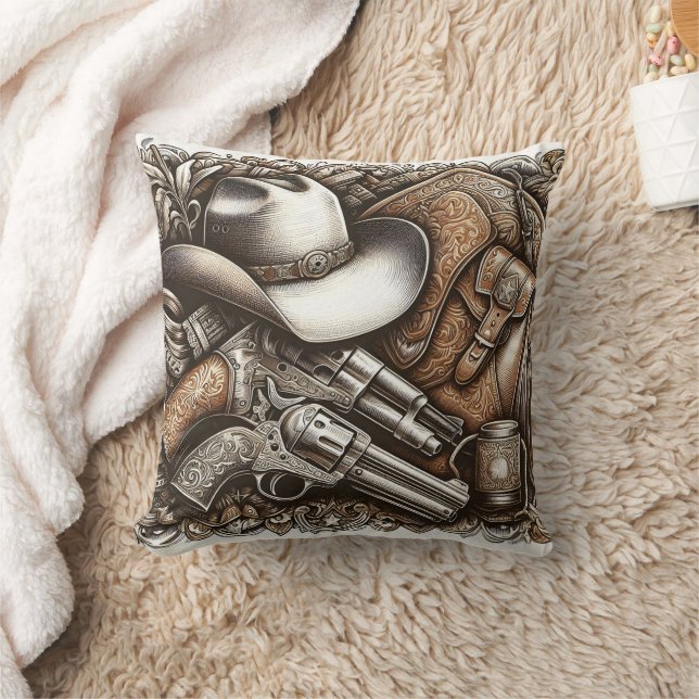Wild West With Cowboy Hat and Guns Throw Pillow (Blanket)