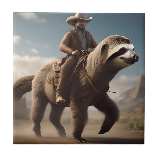 "Wild West Wonders: Cowboy Riding a Sloth Horse" Tile (Front)