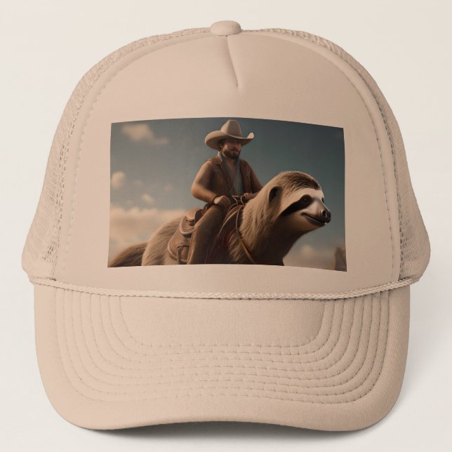 "Wild West Wonders: Cowboy Riding a Sloth Horse" Trucker Hat (Front)