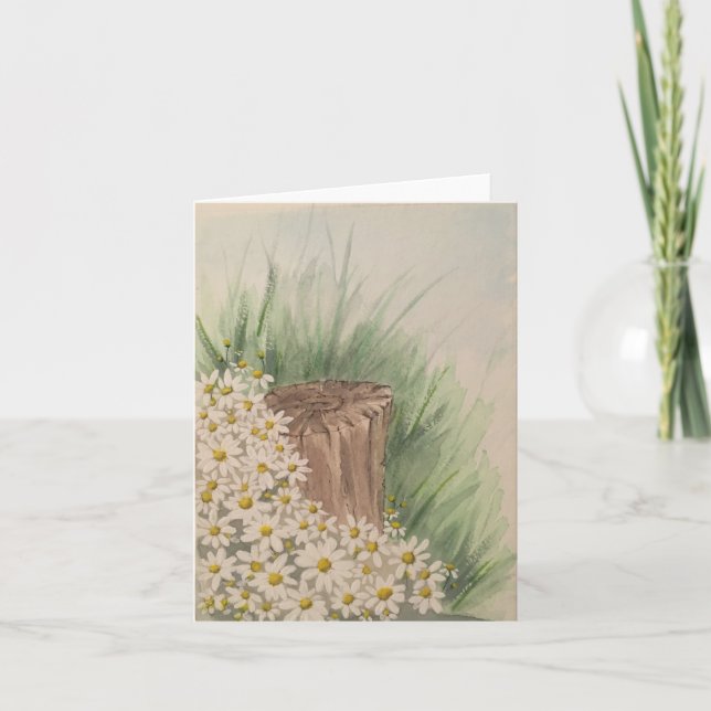 Wild white daisies by tree stump - blank folded card (Front)