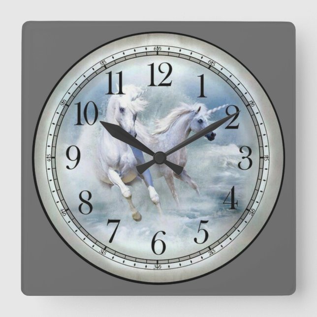 Wild White Horses Square Wall Clock (Front)