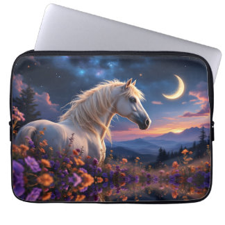 Wild White mustang Colourful flowers crescent moon Laptop Sleeve