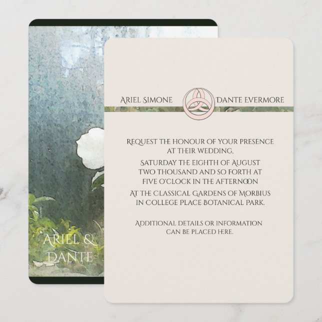 Wild White Rose Triquetra Handfasting Vertical Invitation (Front/Back)
