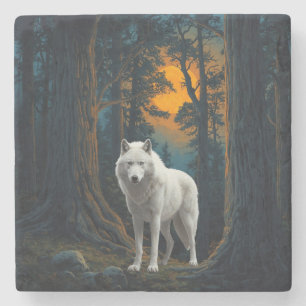 Wild White Wolf Under Moonlight Forest Animal Stone Coaster
