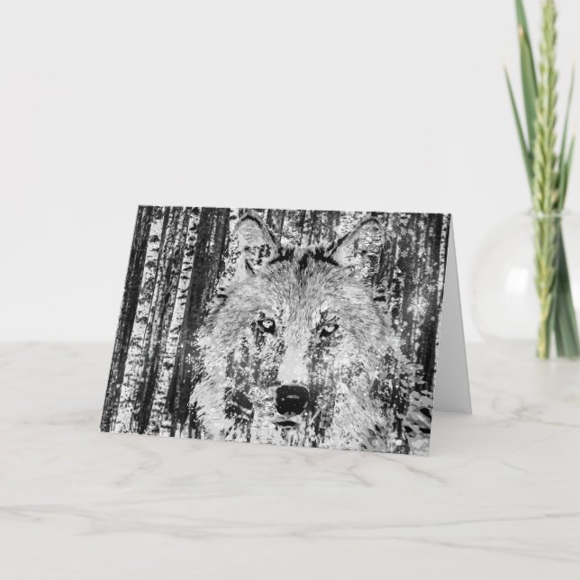 Wild Winter Wolf, Birch Trees and Snow Birthday Card (Front)