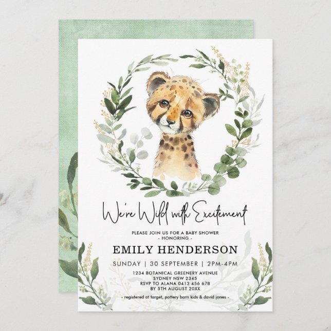 Wild With Excitement Greenery Leopard Baby Shower Invitation (Front/Back)