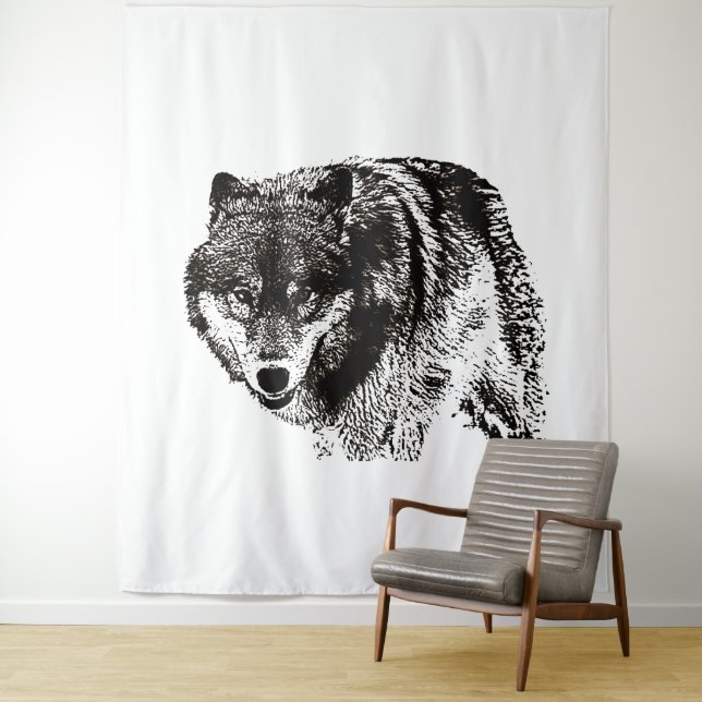 Wild Wolf Black & White Artwork Tapestry (In Situ)
