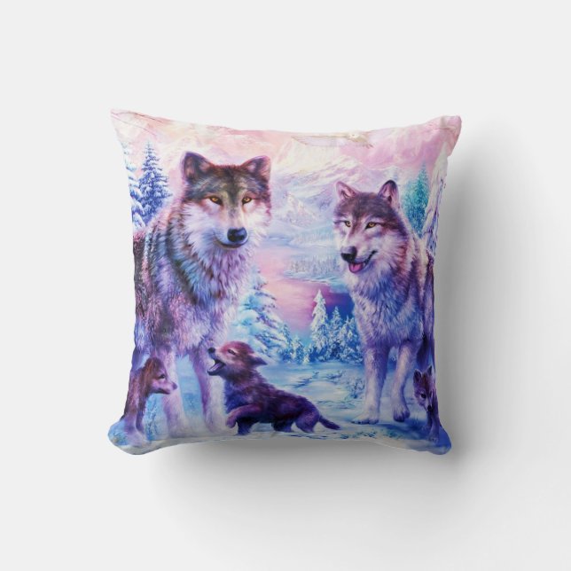 Wild Wolf Family Throw Pillow (Front)