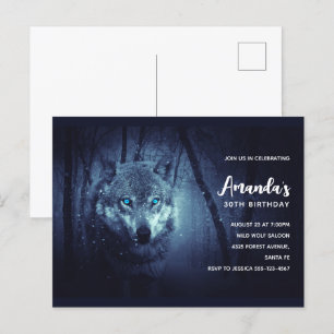 Wild Wolf with Beautiful Blue Eyes Birthday Invite Postcard