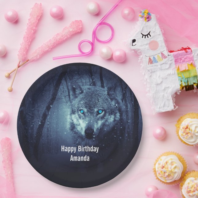 Wild Wolf with Beautiful Blue Eyes Birthday Paper Plate (Party)