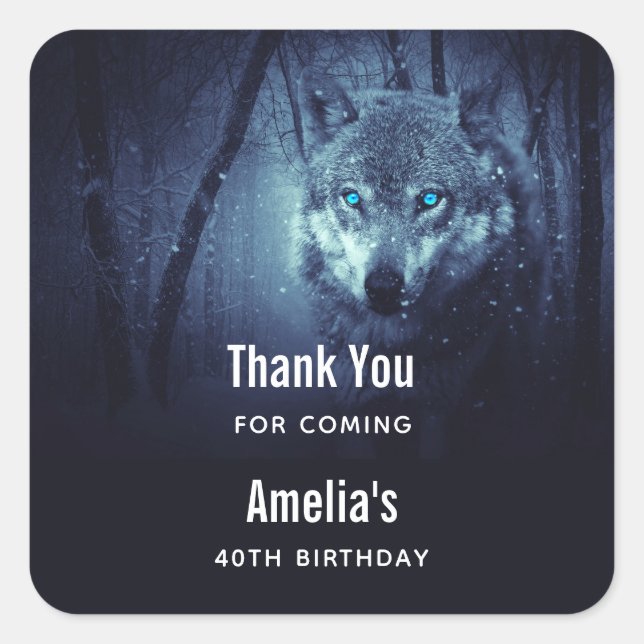 Wild Wolf with Beautiful Blue Eyes Event Thank You Square Sticker (Front)