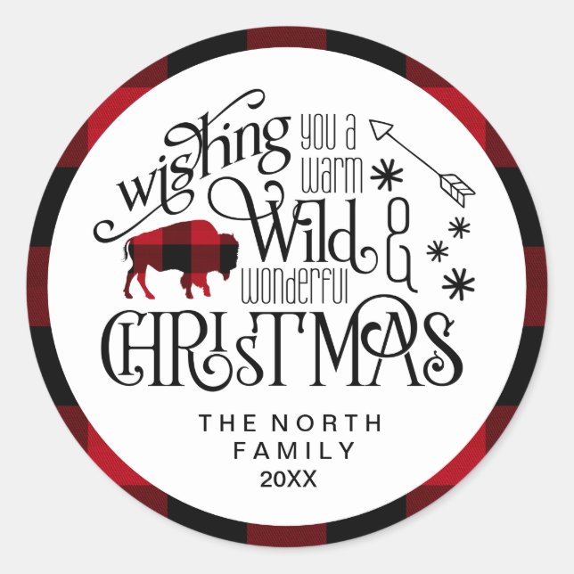 Wild Wonderful Christmas Red & White Buffalo ID604 Classic Round Sticker (Front)