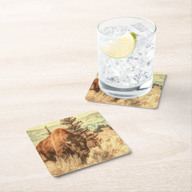 Wild Woodland Bison Square Paper Coaster (Insitu)