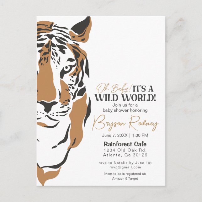 wild world jungle tiger boy baby shower invite postcard (Front)