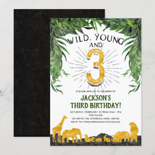 Wild young and three, Jungle animal, 3rd birthday Invitation