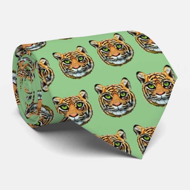Wild Young Tiger Face Pattern on Olive Green Tie (Rolled)