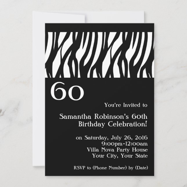 Wild Zebra Black avec blanc Invitations du 60e par (Devant)