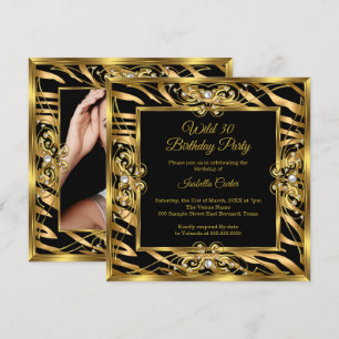 Wild Zebra Gold Black Pearl Photo 30th birthday Invitation