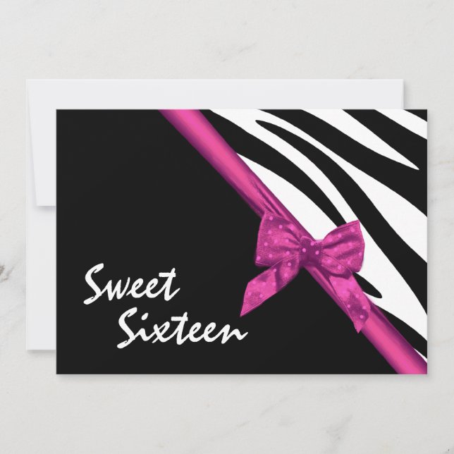 Wild Zebra Stripes and Ribbon Sweet Sixteen Invitation (Front)