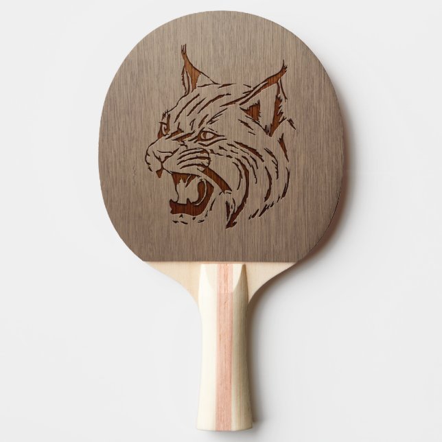 Wildcat illustration engraved on wood design ping pong paddle (Front)
