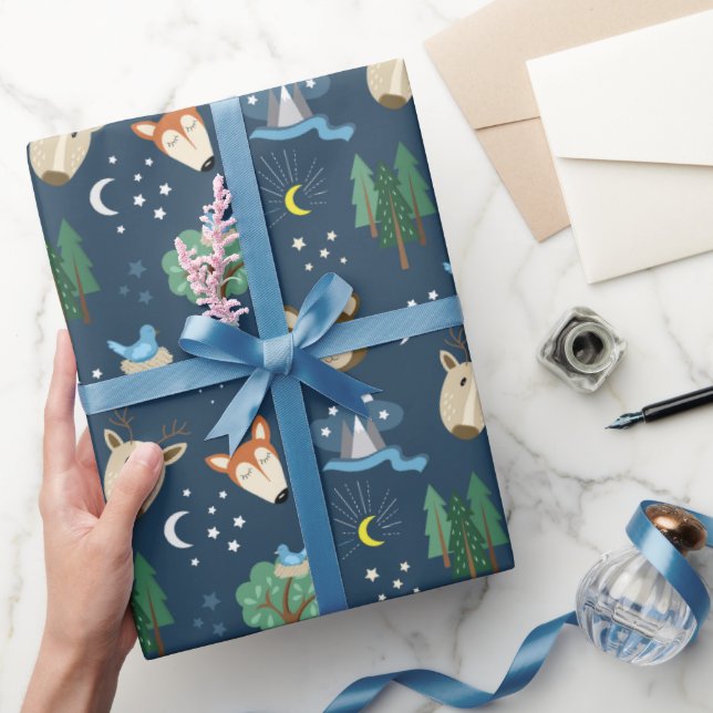 Wilderness Animals Explore Mountains Moon Stars Wrapping Paper (Gifting)