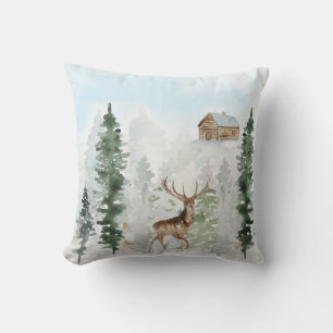 Wilderness Cabin Deer Snow Pine Trees Throw Pillow