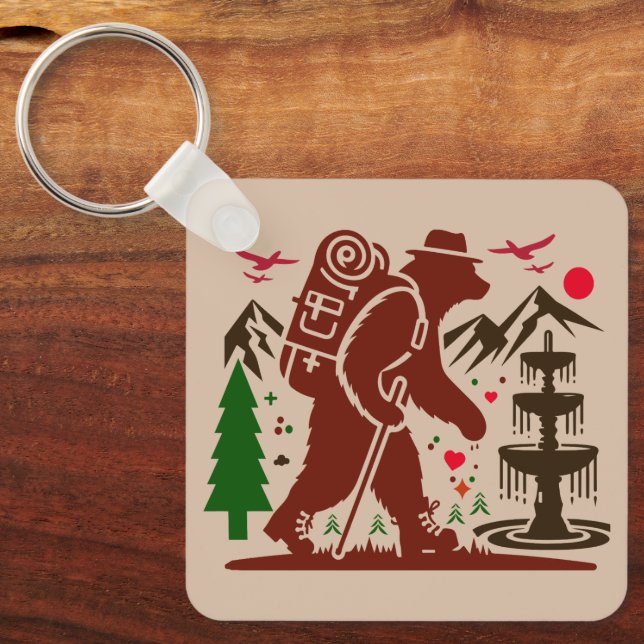 Wilderness Hiking Bear Explorer Art Print Keychain (Front)