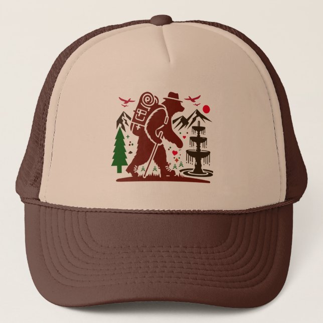 Wilderness Hiking Bear Explorer Art Print Trucker Hat (Front)