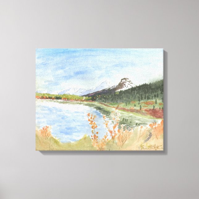 Wilderness Lake in Autumn Watercolor: Canvas Print (Front)