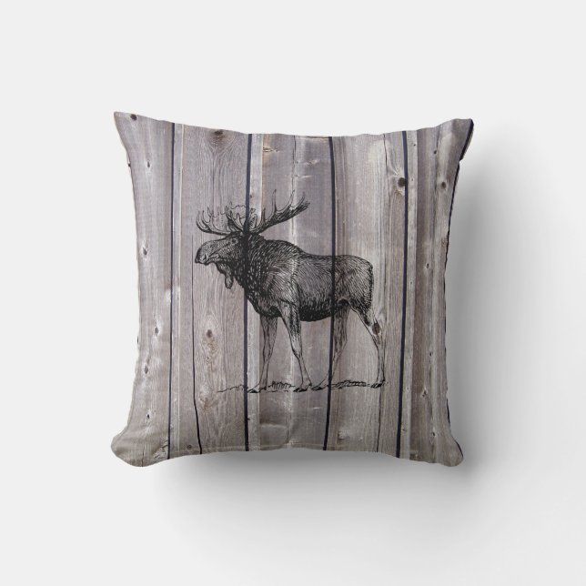 Wilderness Moose on Rustic Wood Cabin Throw Pillow (Front)