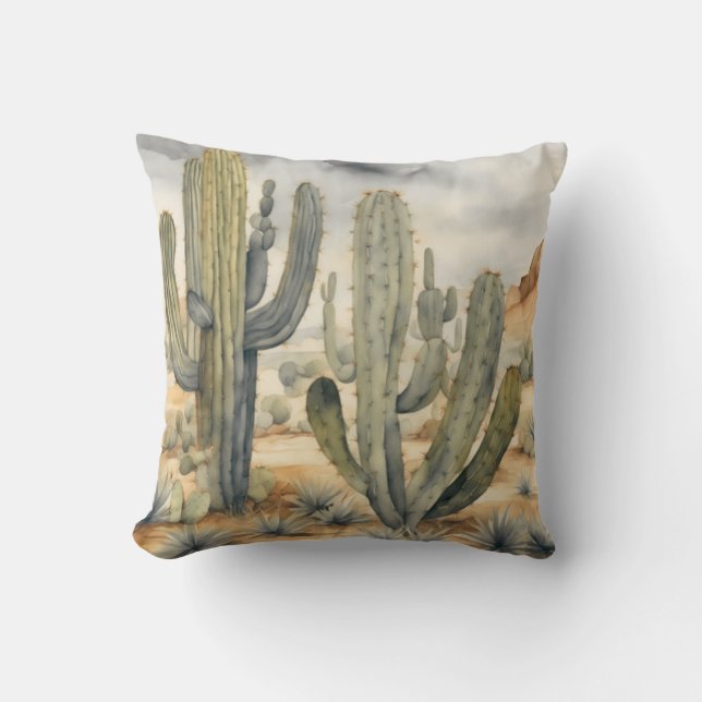 Wilderness Watercolor Cactus Mojave Desert Throw Pillow (Front)