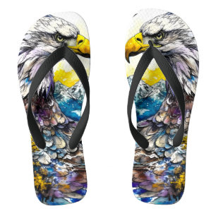 Wilderness Watercolor Forest Moon Eagle Flip Flops