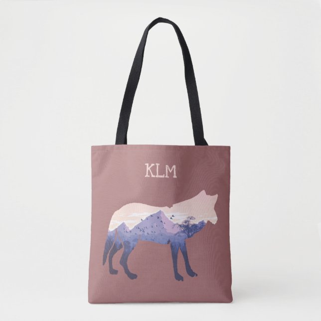Wilderness Wolf Silhouette Monogram Tote Bag (Front)