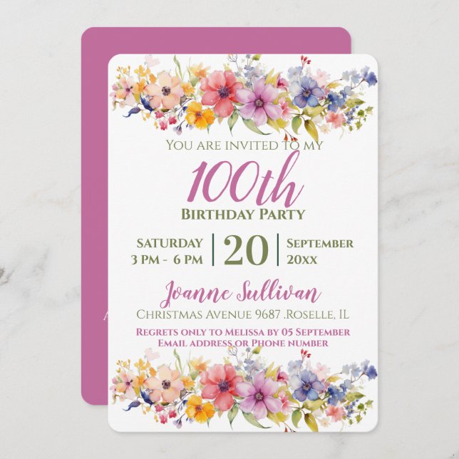 Wildflower 100th Birthday Invitation (Front/Back)