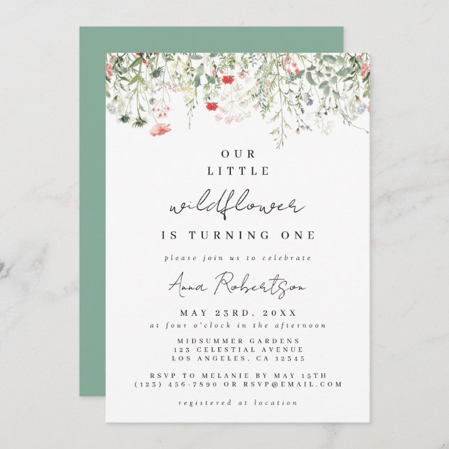 Wildflower 1st Birthday Invitation (Front/Back)